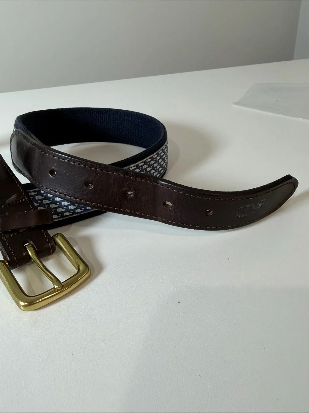 Vineyard Vines 36W Navy Whale Pattern Web Belt with Brown Leather Trim